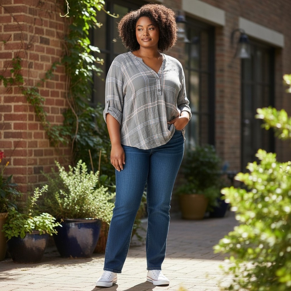 Torrid Harper Gray Plaid 3/4 Sleeve Top Plus Size 1X Button Closure